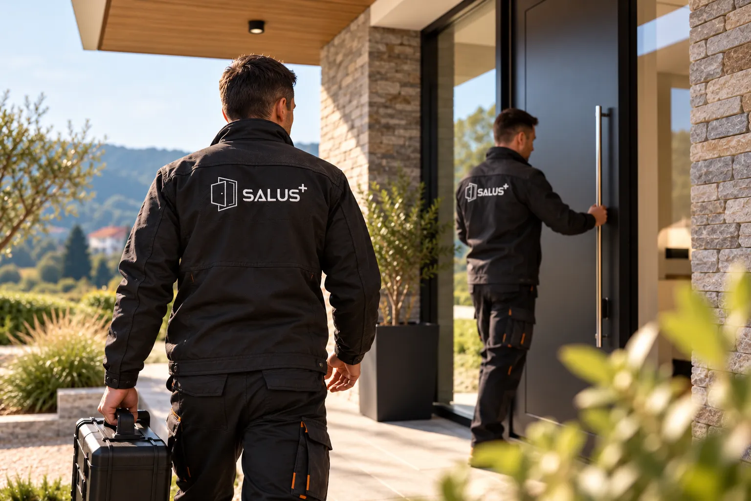 SALUS PLUS fitters walking up to the front door of a modern house