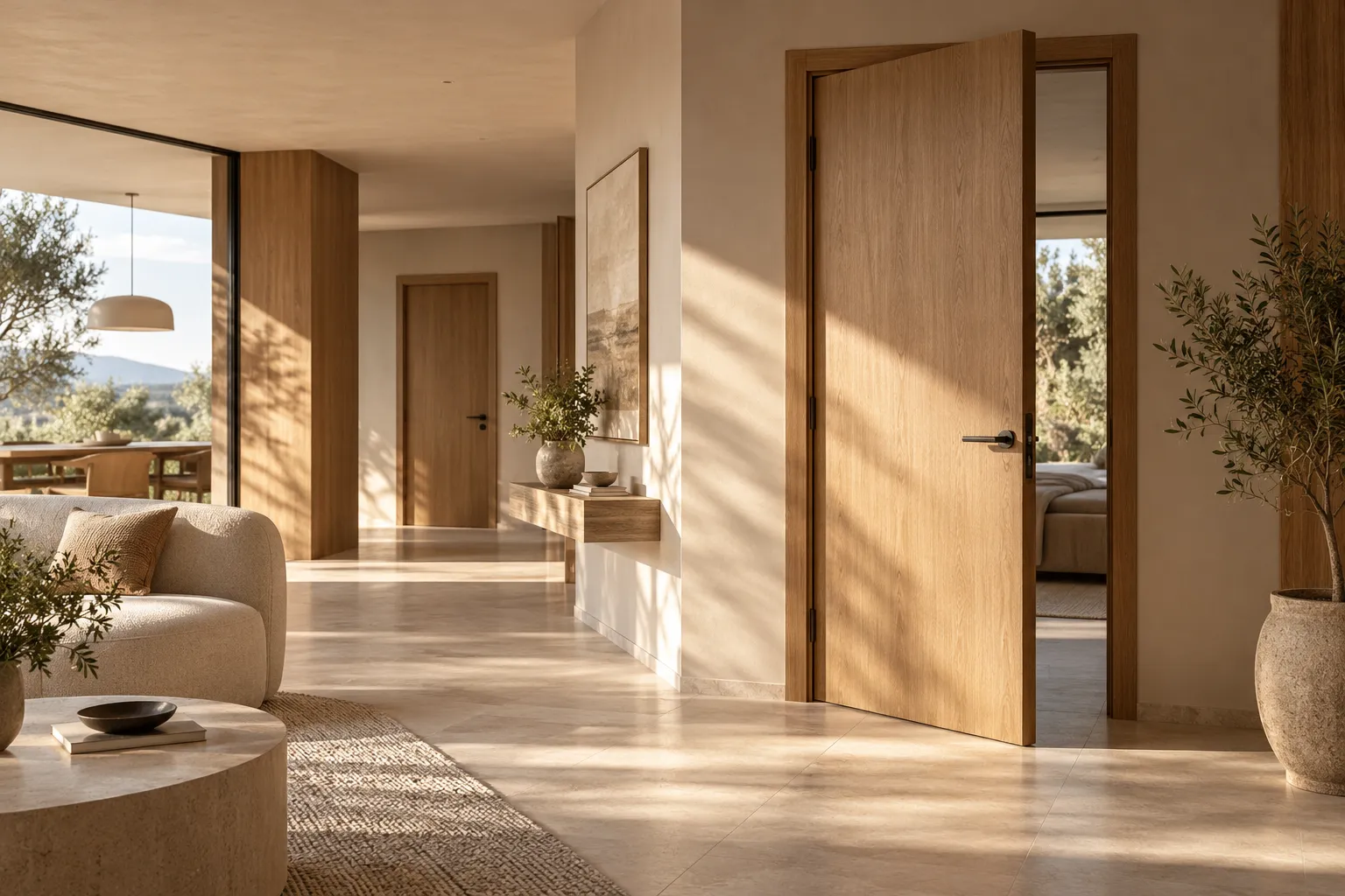 Oak interior doors in a bright, sunlit living space with olive trees