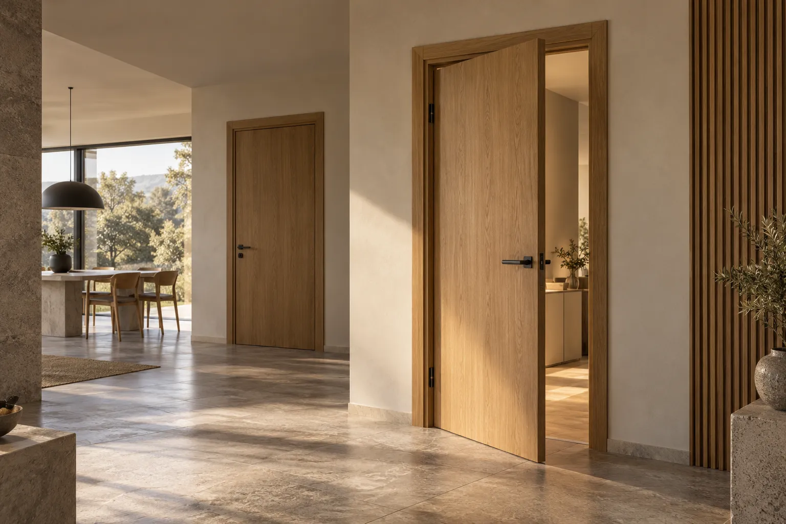 Oak interior doors in a bright, modern entrance hall