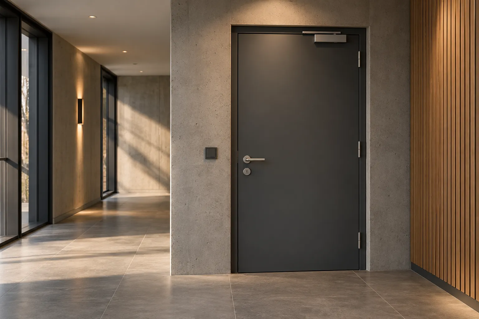 Charcoal fire door with a door closer in a concrete hallway