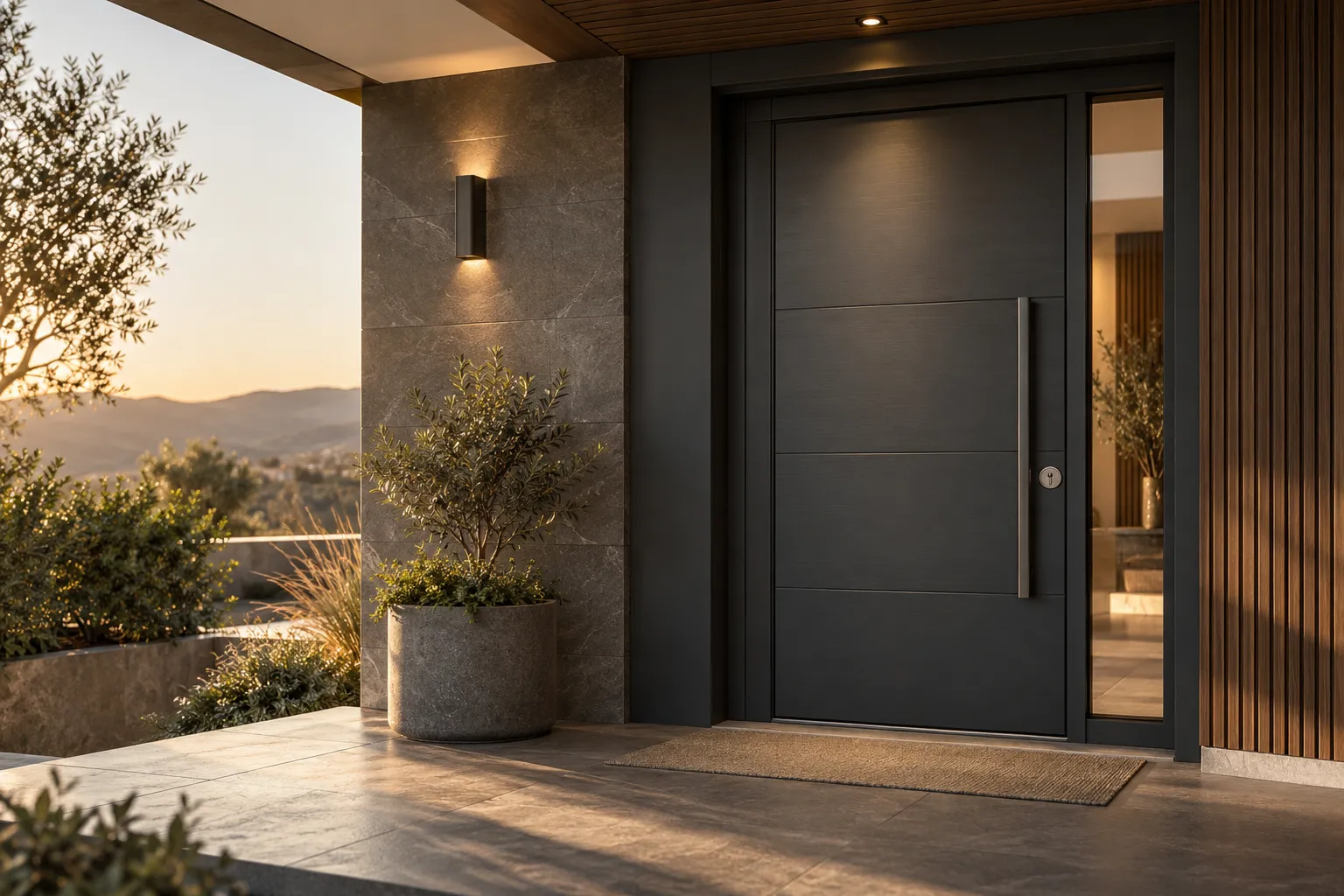 Charcoal security front door of a modern house
